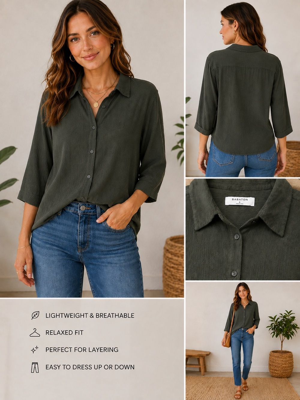 Aritzia Babaton Olive Green Button-Up Shirt in Crinkle Weave